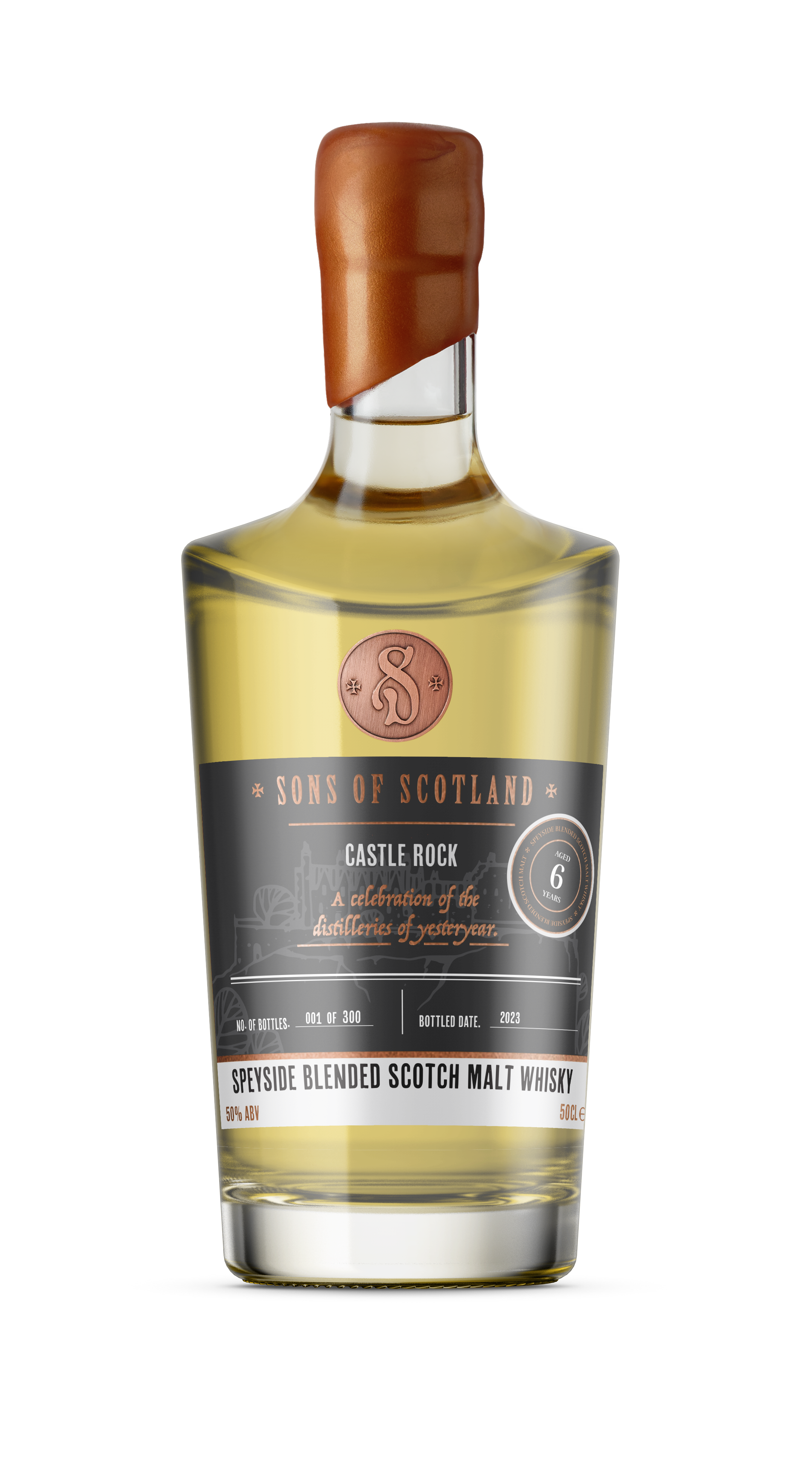 Castle Rock Whisky bottle. With a black Sons of Scotland label.