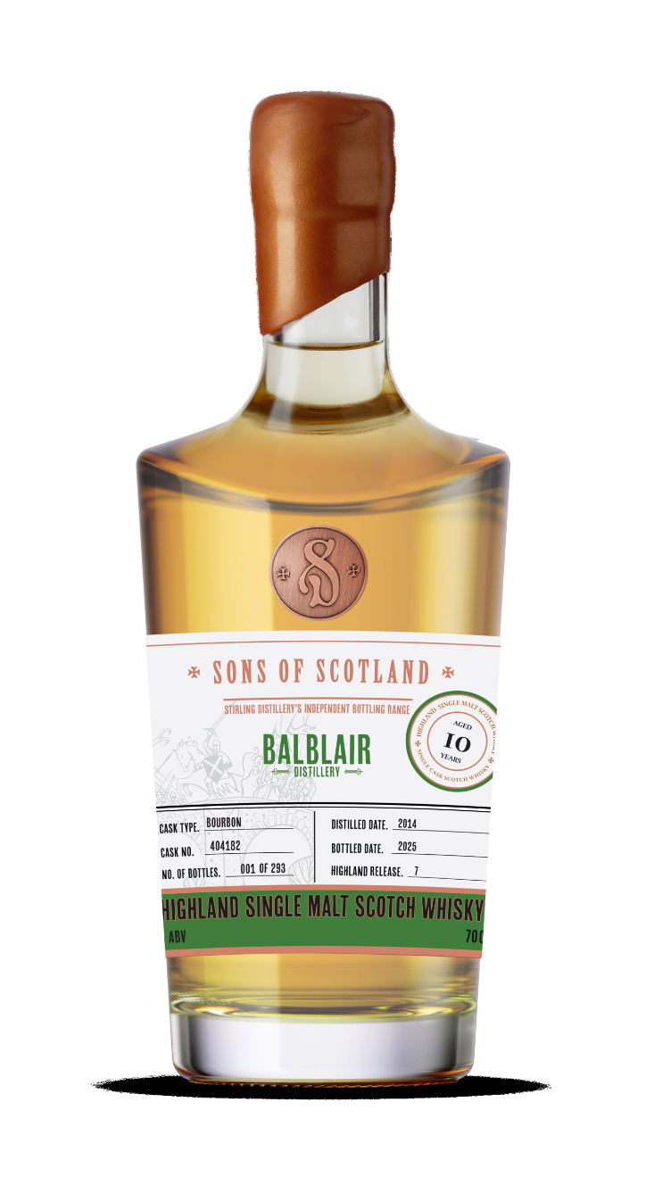 A bottle of Balblair 10-year-old single malt whisky bottle on a white background