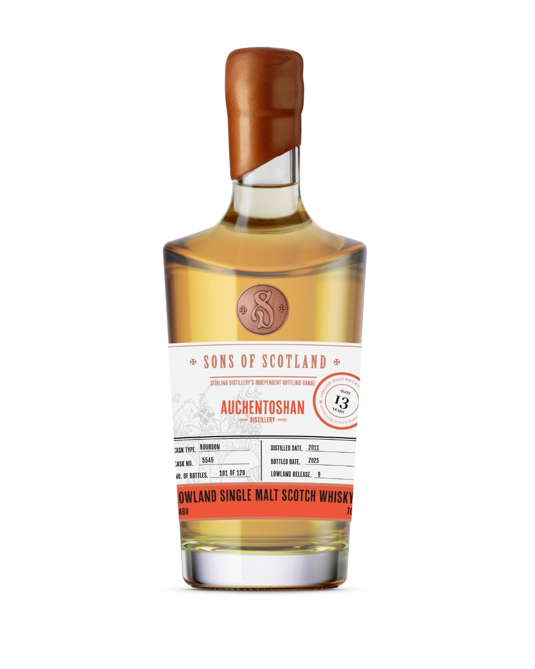 Bottle of Auchentsoshan Sons of Scotland whisky on a white background