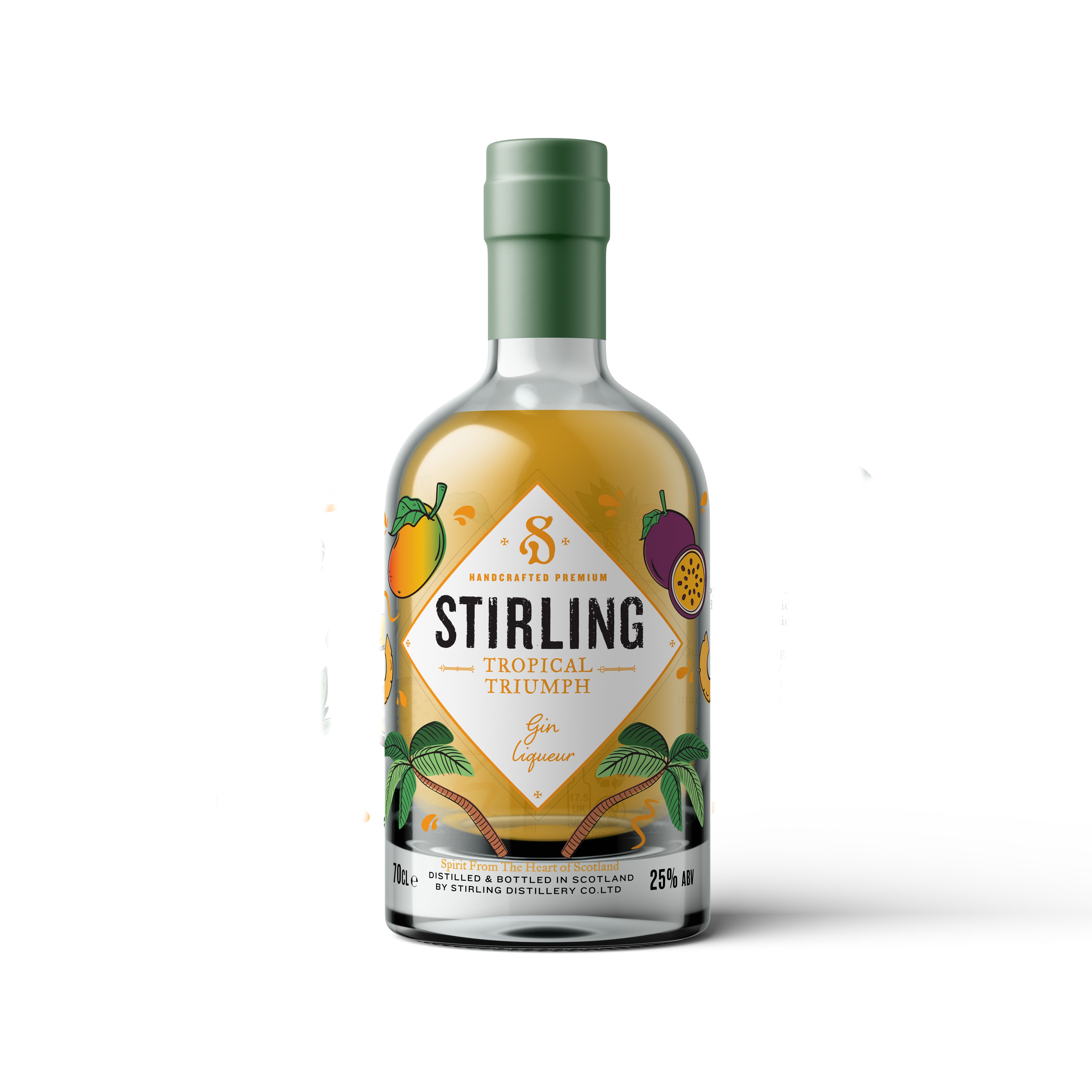 A bottle of Tropical Triumph gin liqueur, a light orange/yellow spirit in a clear bottle with tropical fruit illustrations.