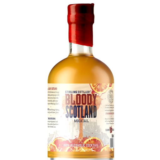 Bloody Scotland Mocktail bottle, an vibrant orange mix in a clear bottle with a grey label.