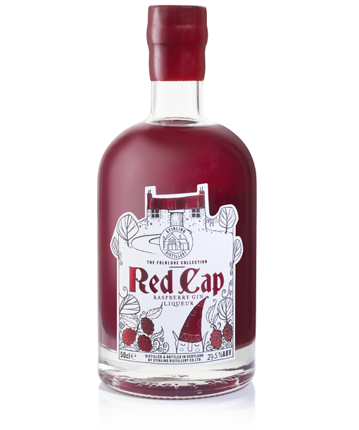 A bottle of Red Cap Liqueur with a label depicting a illustration of a goblin and raspberries.