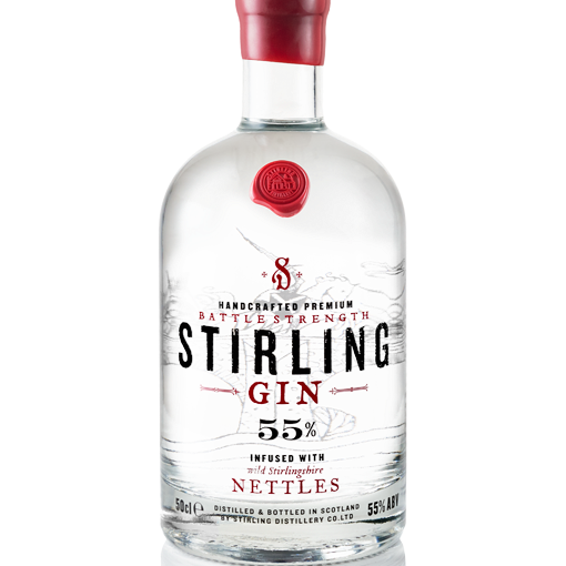 A bottle of Stirling Gin with a label indicating it is 55% strength. The bottle is clear, displaying the liquid inside, and has a red seal on the top.
