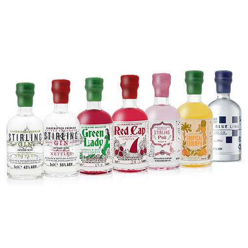 A selection of 5cl miniature gin bottles with various labels and colors.