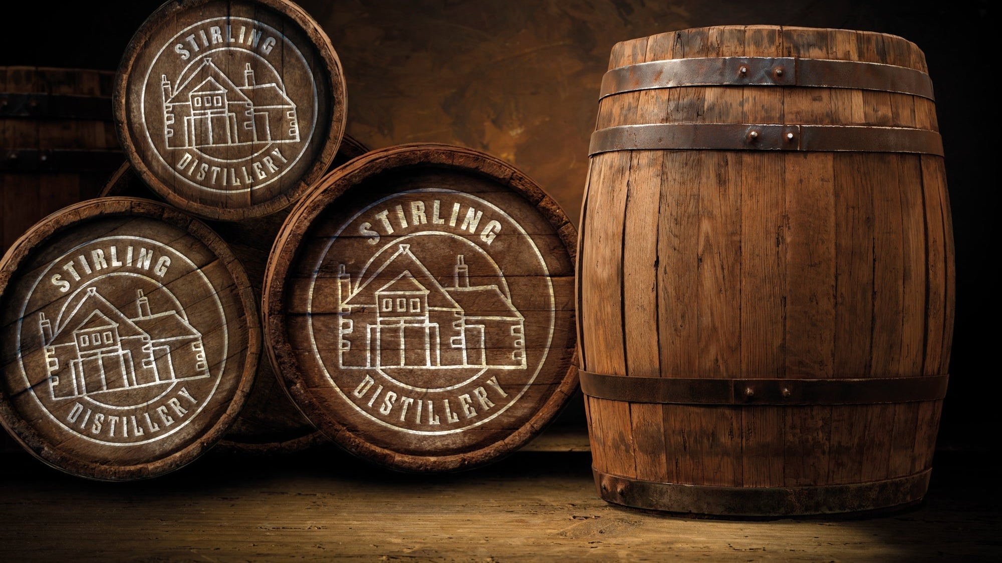 Stirling distillery whisky casks with logo