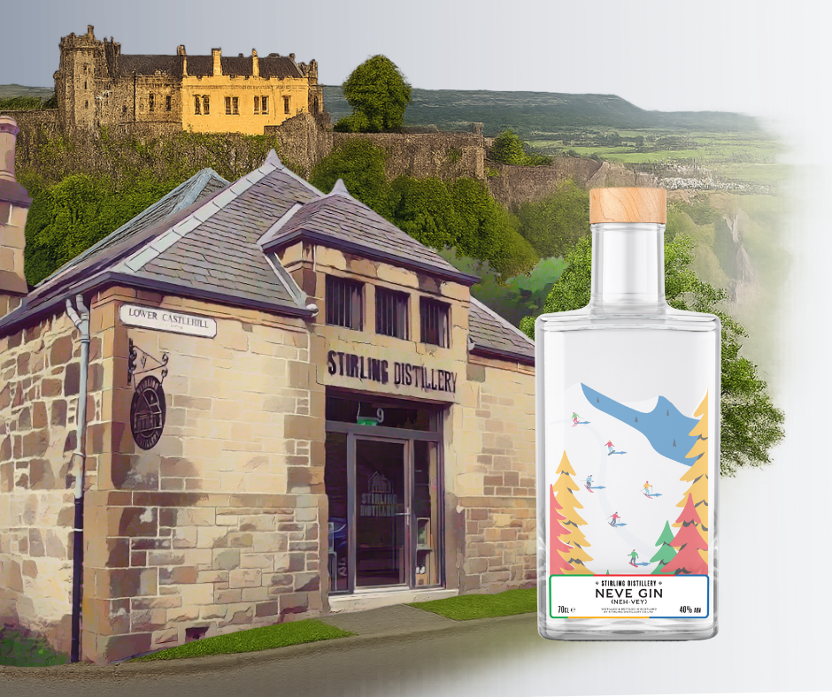 Stirling distillery below stirling castle, with its limited edition Neve Gin bottle