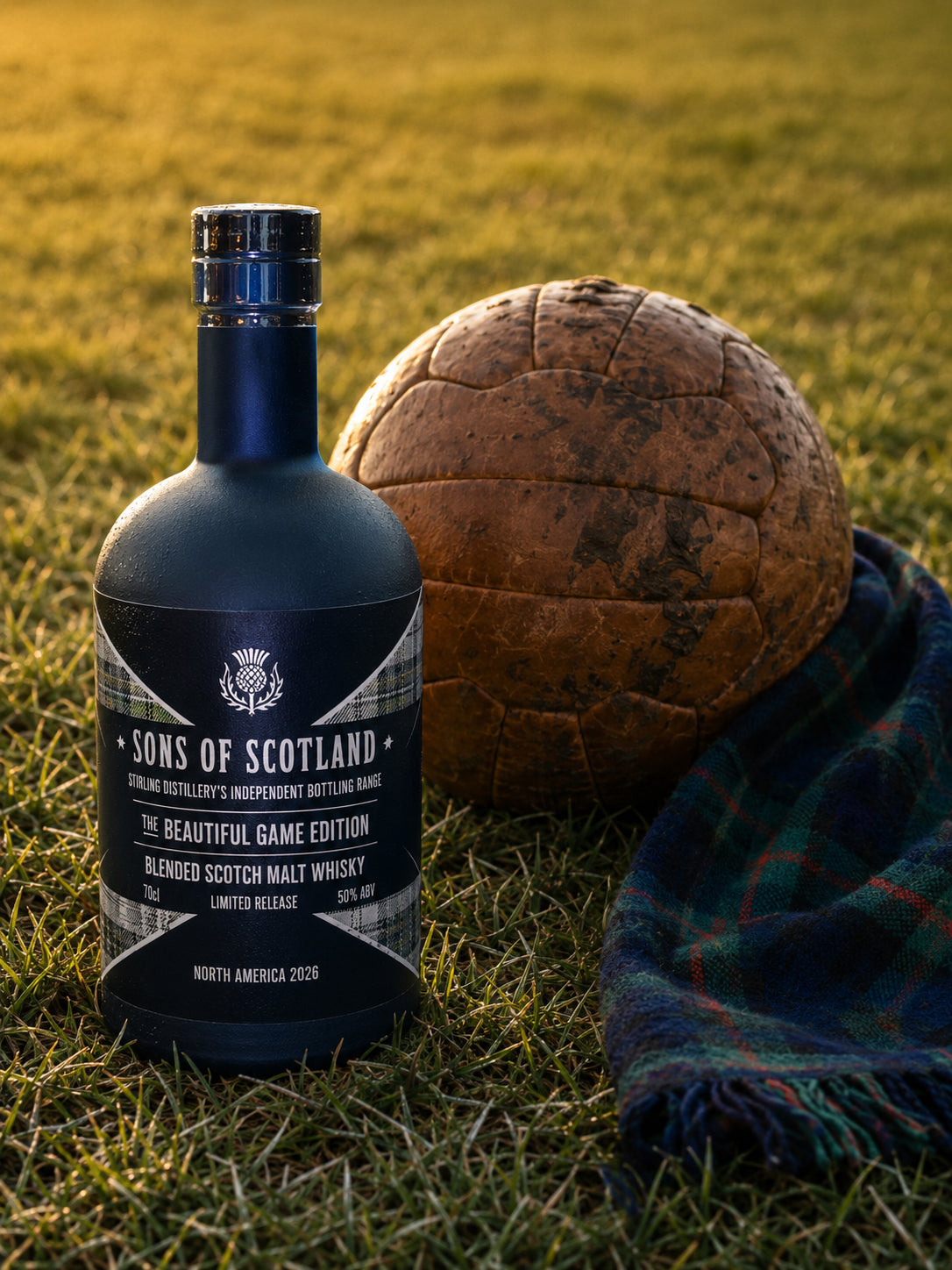The Beautiful Game Edition Whisky bottle with muddy football on a sunny football pitch