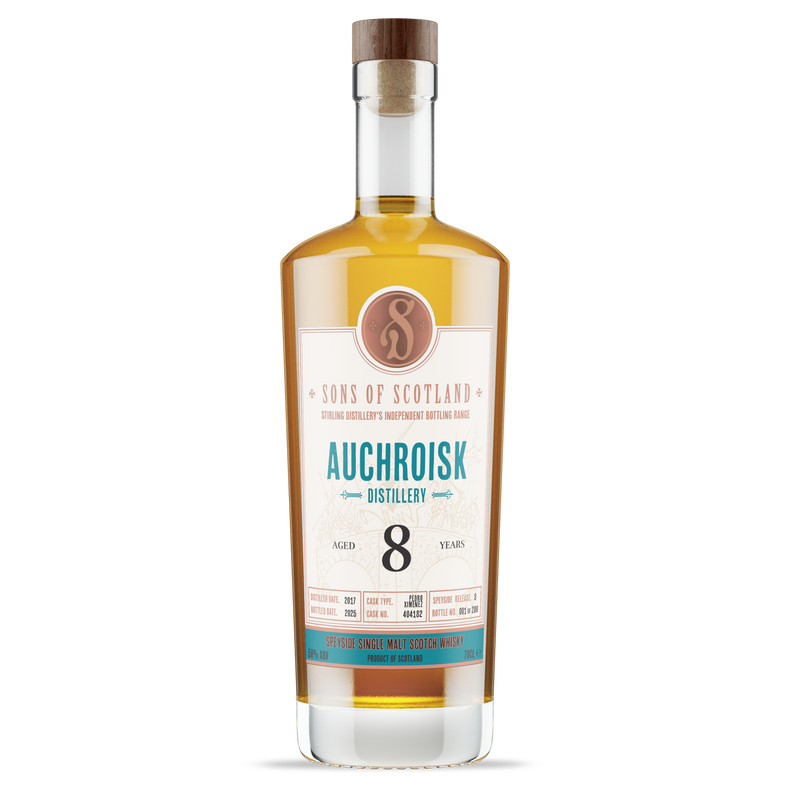 Bottle of Auchroisk whisky with a white and light blue Sons of Scotland label 
