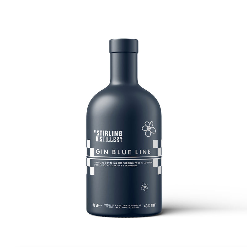 A navy-colored bottle of gin labeled 'Stirling Distillery Gin Blue Line' with a graphic of a blue line and a flower emblem.