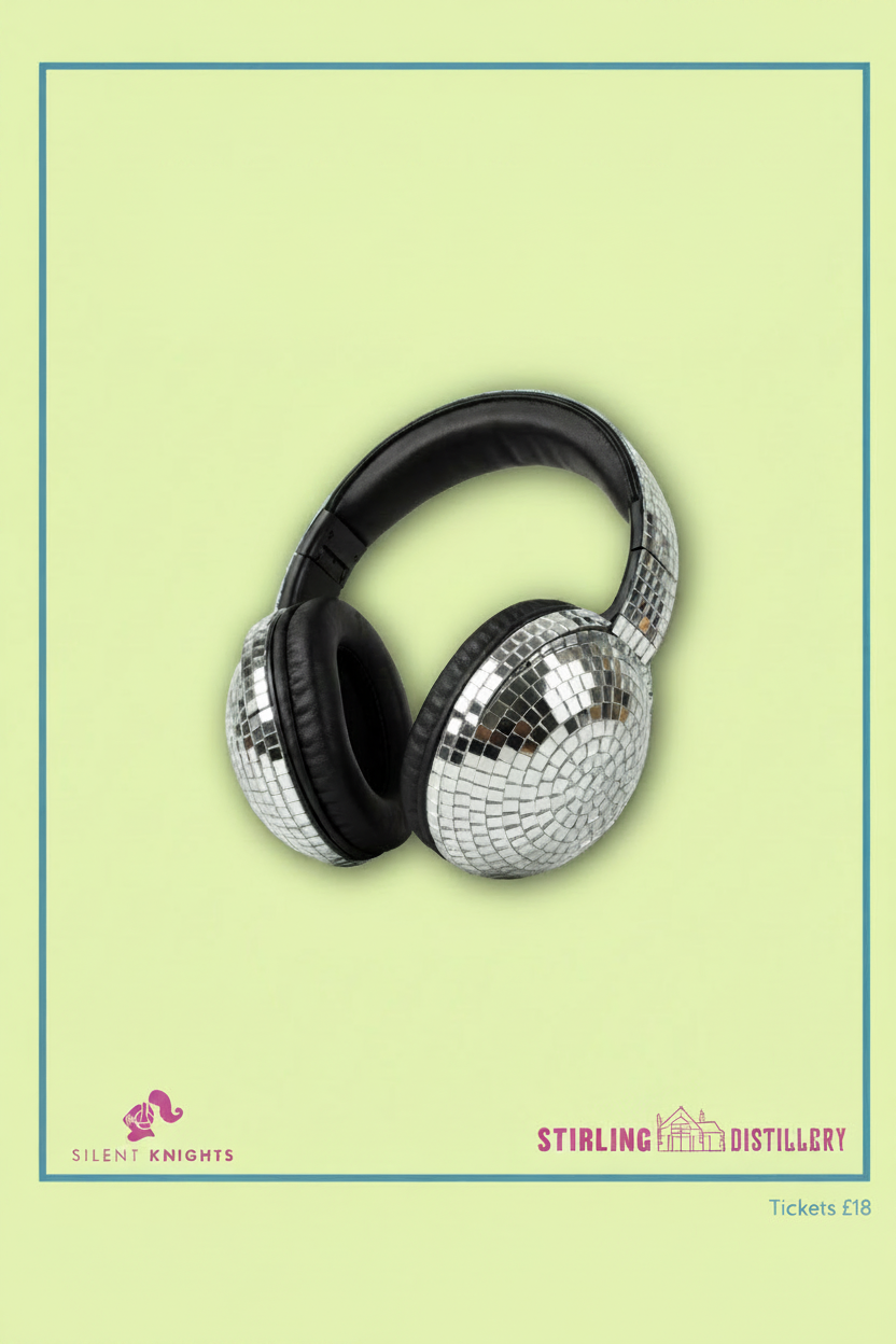 Promotional poster for Silent Disco at Stirling Distillery with disco headphones on a light green background.