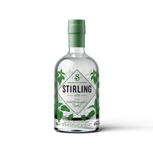 A bottle of Stirling Gin with a green label and wax seal on the lid, decorated with illustrations related to Stirlingshire.
