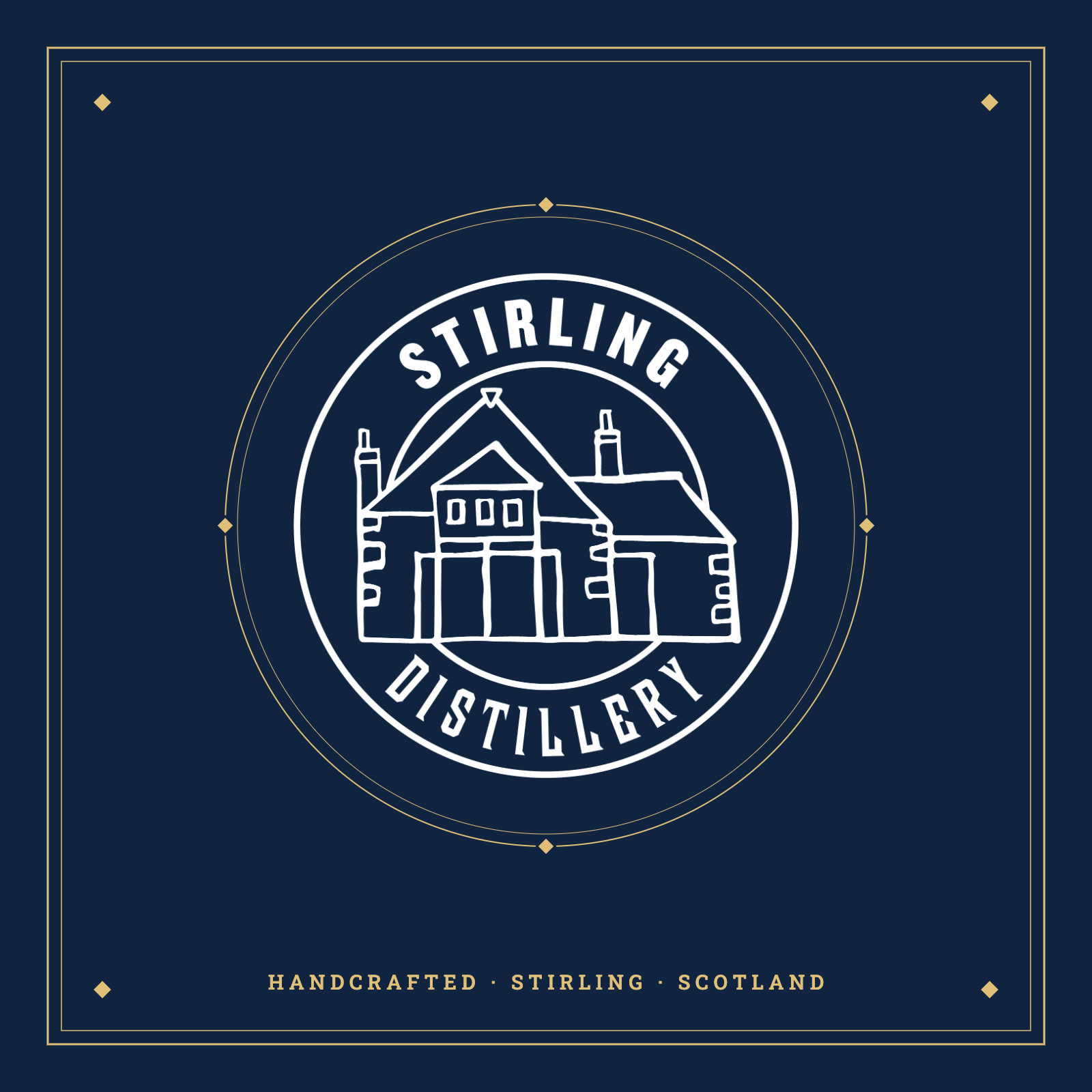 Stirling Distillery crest on navy background