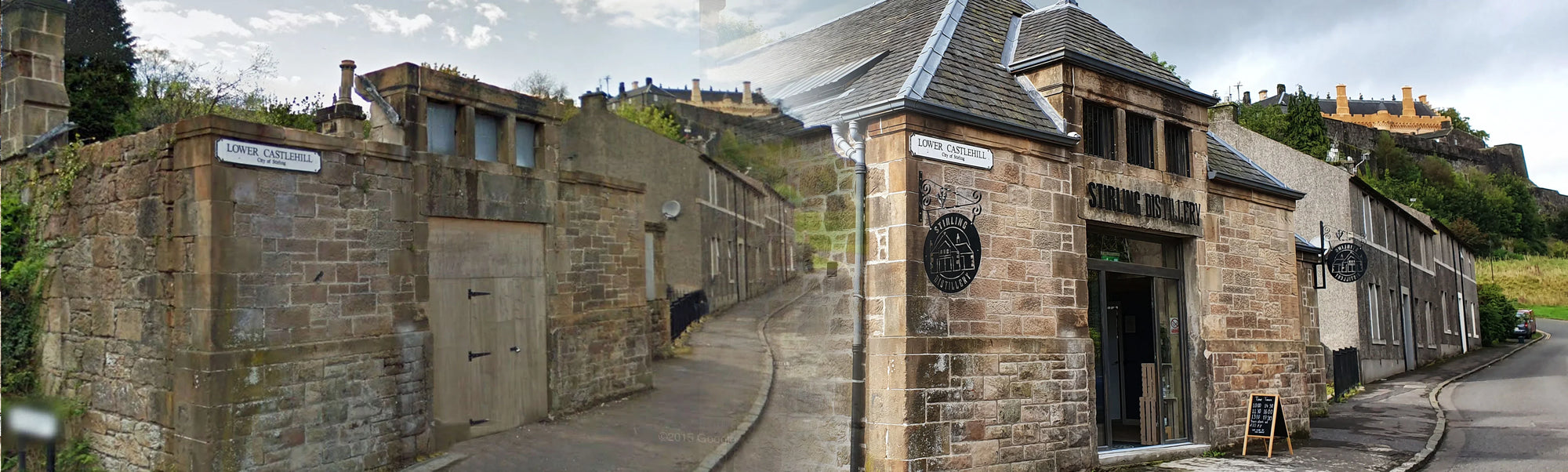 2 images blurred into each other. The first one is the distillery building before it was renovated. There is no roof and the door is boarded up. The second image is the distillery freshly renovated with a roof, branding and ready for business.